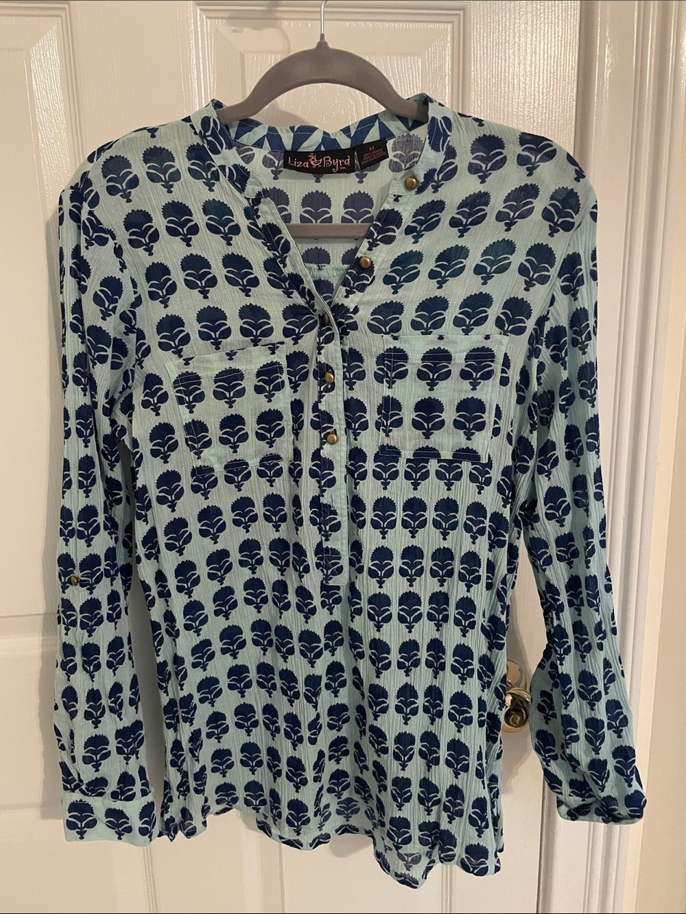 Liza Byrd Light Blue and Navy Patterned Long Sleeve Shirt
